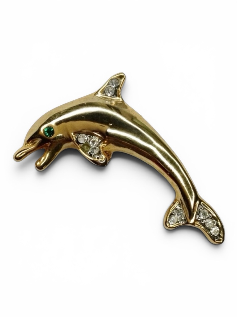 Vintage Gold‑Tone Dolphin Brooch – Green Rhinestone Eye - Playful & Coastal - Picture 4 of 9